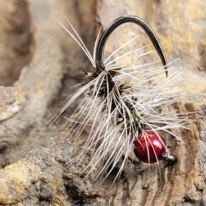May include: A close-up of a fly fishing lure with a red bead and white feathers.