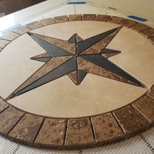 Tile Mosaic Medallion Natural Stone Mariners Compass Rose Travertine & Black Slate - Choose from 12&quot;, 16&quot;, 18&quot;, 20&quot;, 24&quot;, 30&quot;, 36&quot;