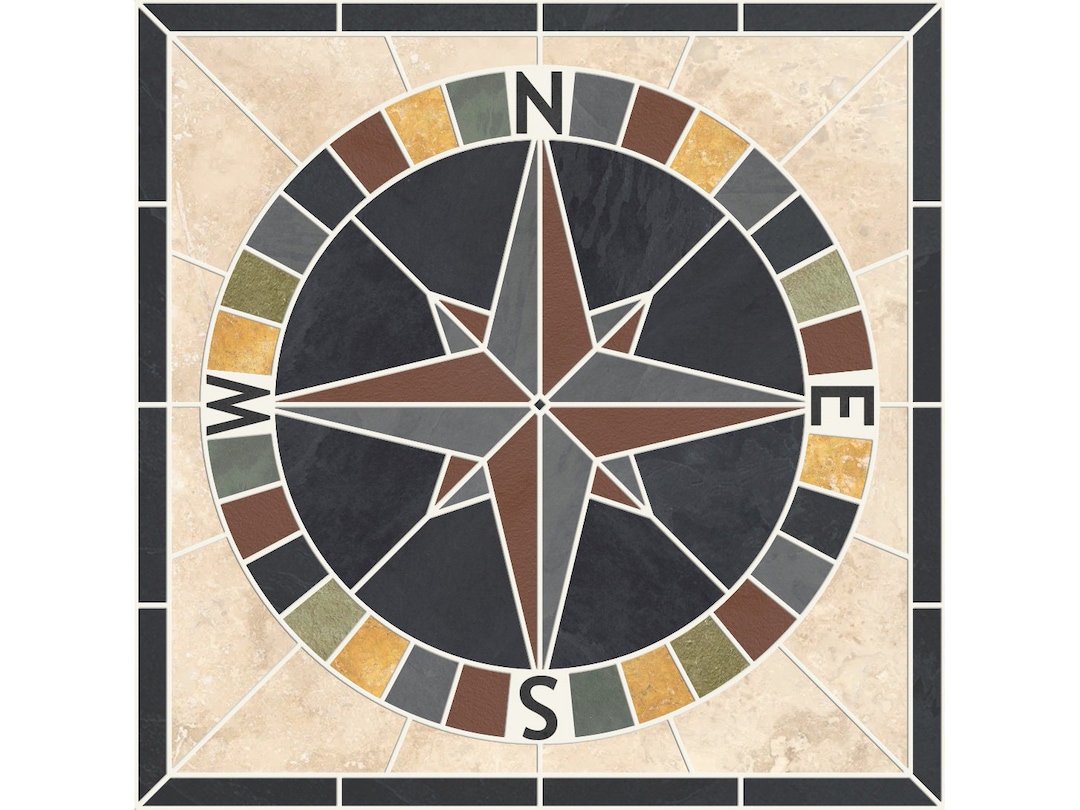 Mariners Border Tile Mosaic Medallion Mariners Compass - Black Slate Inner, Multicolor ...