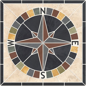May include: A compass design tile with a black, gray, and brown color scheme. The tile features a compass rose with the letters N, S, E, and W.
