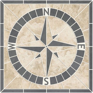 Tile Mosaic Medallion Mariners Compass Beige Travertine & Gray Slate with Gray Slate Framed Square -Many Sizes to Choose - 3/8&quot; Thick