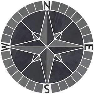 Tile Mosaic Medallion Natural Stone Mariners Compass Gray & Black Slate +NSEW - Choose 12", 16", 18", 20", 24", 30", 36", 40", 48", 60", 72"