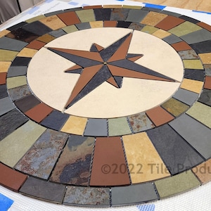 Natural Multicolor Slate and Travertine Triple Border Compass Rose Mosaic Tile Medallion -  32", 43", 48", 60", 72" or Custom Size