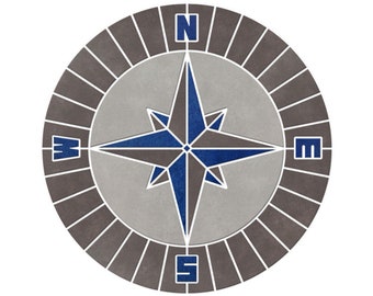 May include: A gray and blue compass with a star design. The compass has the letters N, S, E, and W around the edge.