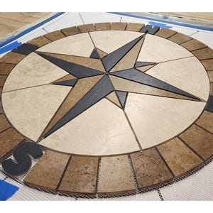 Tile Mosaic Medallion Natural Stone Mariners Compass Rose Travertine & Black Slate with NSEW - Choose from 12&quot;, 16&quot;, 18&quot;, 20&quot;, 24&quot;, 30&quot;, 36&quot;