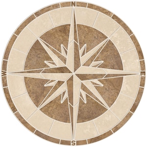 Peut inclure: Un carrelage rond beige et brun avec un motif de rose des vents. La rose des vents est faite de carreaux blancs et porte les lettres N, S, E et W autour du bord.