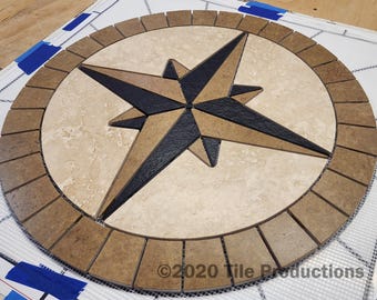 Custom Order - 28" (3/8" thick) Tile Mosaic Medallion Natural Stone Mariners Compass Rose Travertine & Black Slate with Sealer Applied