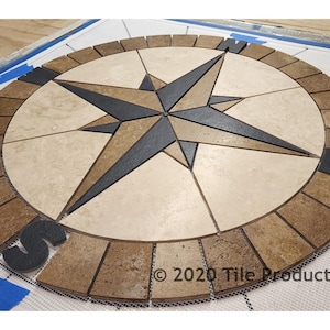 Tile Mosaic Medallion Natural Stone Mariners Compass Rose Travertine & Black Slate with NSEW - Many sizes available!