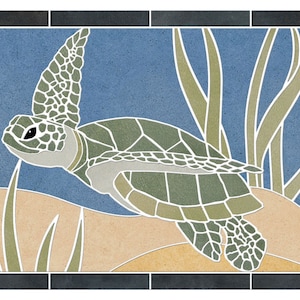 May include: A mosaic tile design featuring a green sea turtle swimming in blue water with green seaweed. The turtle has a light brown shell and a light brown head with a black eye.