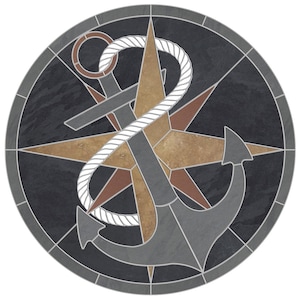 Natural Stone Travertine & Slate Tile Mosaic Medallion Anchor Rope Compass Starburst ROUND OR SQUARE - 18&quot;, 24&quot;, 36&quot;, 48&quot;