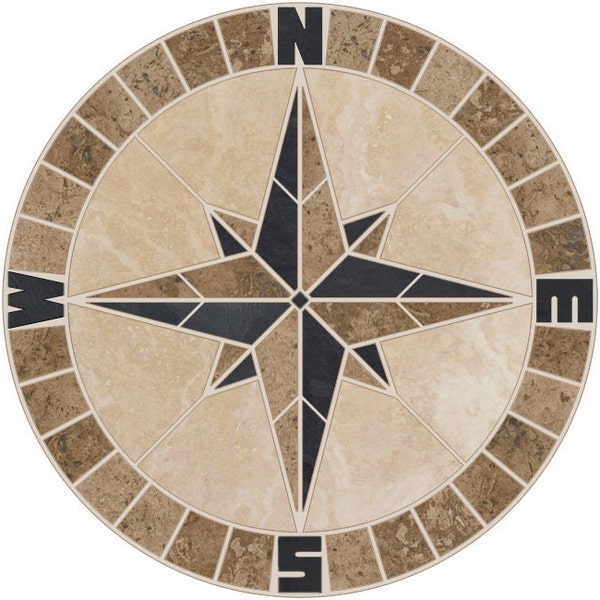 LARGE SIZE Tile Mosaic Medallion Natural Stone Mariners Compass Rose Travertine & Black Slate with NSEW -Choose from 40", 48", 60", 72", 96"