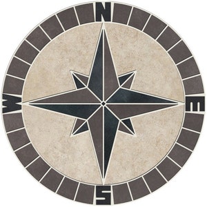 Porcelain Tile Mosaic Medallion Mariners Compass Rose with NSEW - Charcoal Beige - 12&quot;, 16&quot;, 18&quot;, 20&quot;, 24&quot;, 30&quot;, 36&quot;, 40&quot;, 48&quot;, or 60&quot;