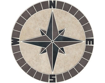 Porcelain Tile Mosaic Medallion Mariners Compass Rose with NSEW - Charcoal Beige - 12", 16", 18", 20", 24", 30", 36", 40", 48", or 60"