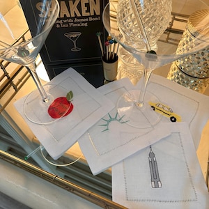 New York Embroidered Cocktail Napkins Taxi, Big Apple, Empire State Bldg & Liberty Crown