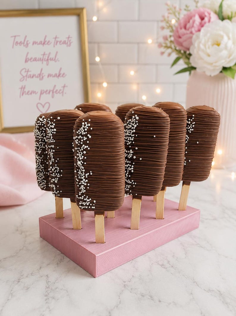 Puede incluir: Un conjunto de siete cake pops cubiertos de chocolate sobre palitos de madera, dispuestos en un soporte rectangular de madera rosa. Cada cake pop est&aacute; ba&ntilde;ado en chocolate con leche con un patr&oacute;n de l&iacute;neas y perlas de az&uacute;car blancas.