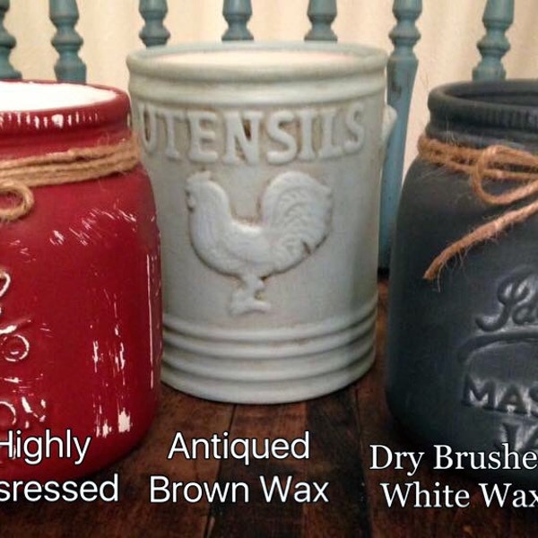 Rustic Mason Utensil Holder, Ceramic Utensil Holder, Kitchen Decor, Chalk Painted & Distressed, Farmhouse