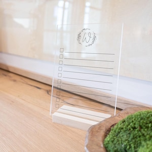 Custom Monogram To Do List Clear Acrylic | Dry Erase Personalized Table Top Checklist with Wood Stand | Minimalist Botanical Monogram List
