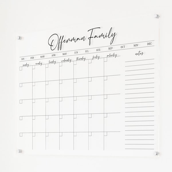Personalized Acrylic Family Wall Calendar for Kitchen , Dry Erase Monthly Calendar , Personalize Wall Planner , Large Acrylic Calendar
