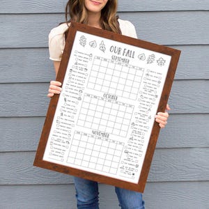 Fall Bucket List Three Month Calendar, Dry-Erase Framed and Colorable Poster Print Options | Leaf Fall Activities Calendar for Family