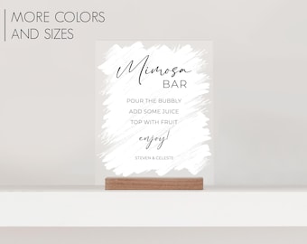 Placa de decoração de casamento em acrílico pintado com suporte para bar de mimosa | Placa de bar de mimosa para recepção de casamento ou chá de panela com nomes personalizados