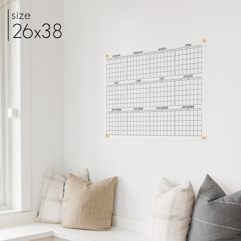 Yearly Dry Erase Acrylic Calendar, clear wall mounted minimalist calendar 3812 38''Wx26''H w/Gold