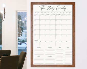 Framed Dry Erase Monthly and Weekly Calendar. Personalized Family Command Center with custom titles for bottom sections