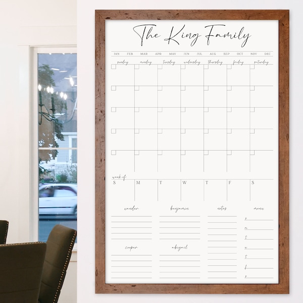 Framed Dry Erase Monthly and Weekly Calendar. Personalized Family Command Center with custom titles for bottom sections