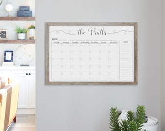 Framed Dry Erase Whiteboard Style Monthly Calendar with Personalized Name for Family | Custom Reusable Monthly Planner Home Decor for Wall