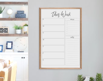 Framed Dry Erase Weekly Calendar on Whiteboard with free personalization for kitchen office or home | Weekly Meal Planner and Grocery list