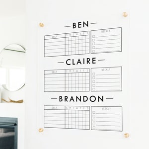 3 Kid Chore Chart with Daily and Weekly Chores Section, Dry Erase Acrylic Board, Three Child Contribution Chart, Acrylic Routine Chart