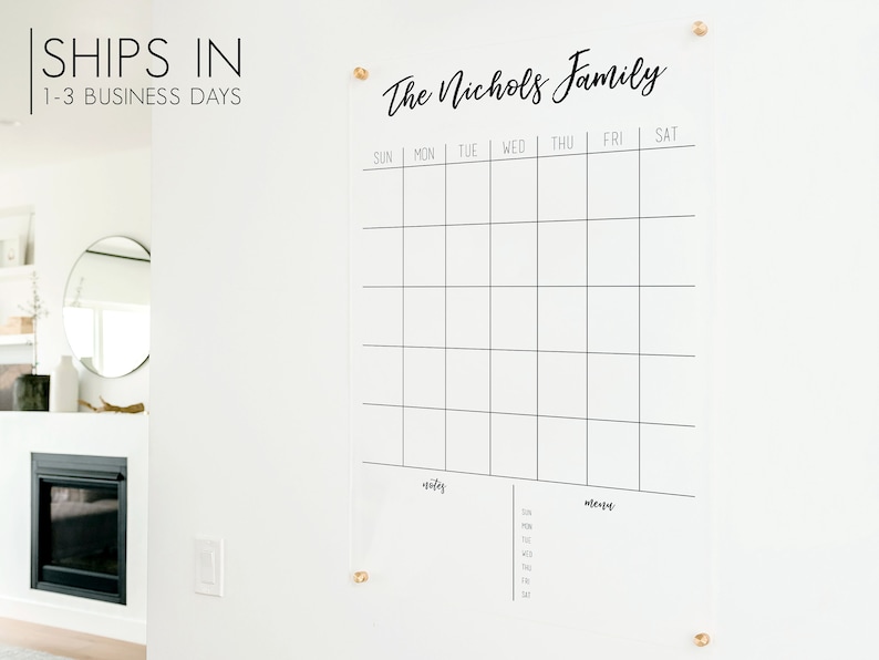 Dry Erase Acrylic Calendar, Personalized with Family Name, Clear Floating Dry Erase Wall Calendar on Standoffs, Acrylic Board Calendar 