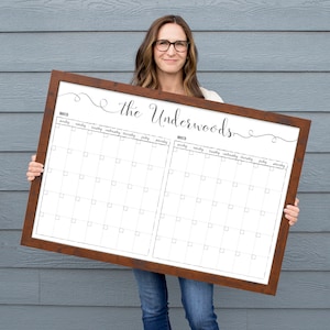 Large Dry Erase Double Calendar, Personalized with your last name, script cursive font #36125 | Knope