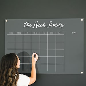 White Wall Calendar, Clear Acrylic Calendar With White Text, Monthly Calendar with Custom Family Name and Notes, Family Planner For Wall