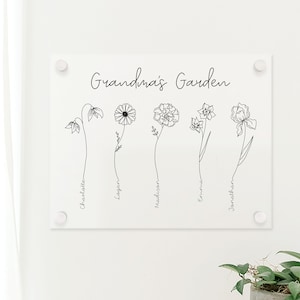Cadeau voor oma, geboortebloemen op acryl, gepersonaliseerd Moederdagcadeau, oma's tuin muurdecoratie, aangepaste familie geboorte bloemen kunst