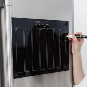 Personalized Black Acrylic Fridge Weekly Calendar | Sleek Custom Black Acrylic Weekly Magnetic Family Planner with Magnetic Hardware