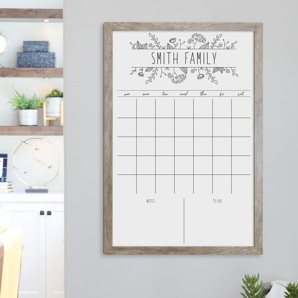 Framed Dry Erase Whiteboard Calendar for Wall | Personalized Calendar with notes | Minimalist Style Floral Calendar for Home or Office decor