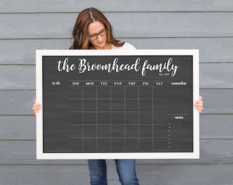 Personalized Framed Chalkboard Style Horizontal Monthly Calendar for Family | Dry Erase Family Monthly Wall Planner with Custom Sections