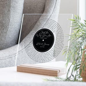 Personalized Song Lyrics Acrylic Record, Oak Wood Stand, Wedding Gift