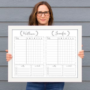 18x24 Two Child Dry Erase Whiteboard Chore Chart , Task Chart White Board, Framed Chore Chart, 2 kid, kid's daily routine board 1886 White-Washed