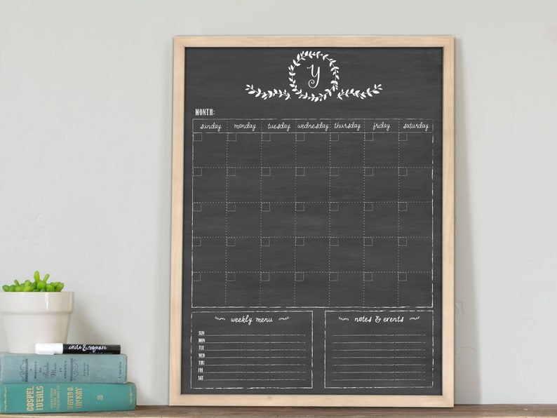 Chalkboard Monogram Calendar Dry Erase personalized calendar image 1