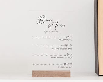 Personalized Acrylic Bar Menu for Wedding | Drinks Menu for Wedding, Reception or Bridal Shower | Signature Cocktails Menu on Clear Acrylic