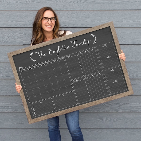 Large Personalized Family Command Center | Monthly Calendar with Chore Charts | Dry Erase Chalkboard Magnetic Option Available