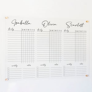 Personalized Chore Chart For 3 Children, Custom Acrylic Chore Chart for 3 Kids, Dry Erase Homeschool Checklist For Kids,Clear Command Center