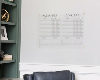 Personalized Dry Erase Chore Chart for Two Kids on Horizontal Clear Acrylic | Customized Job Chart with Daily and Weekly Tasks for Family