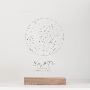 Mapa estelar personalizado, mapa estelar de constelaciones con soporte de madera, mapa estelar de La noche en que nos conocimos, cielo nocturno por fecha, regalo personalizado para ella