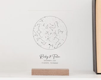 Custom Constellation Star Map with Wood Stand for Mother, Wife, Girlfriend, Husband, Boyfriend - Custom Coordinates, Date, Names and Color
