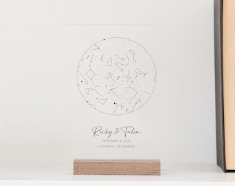 Custom Constellation Star Map with Wood Stand for Mother, Wife, Girlfriend, Husband, Boyfriend - Custom Coordinates, Date, Names and Color