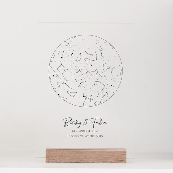 Custom Constellation Star Map with Wood Stand for Mother, Wife, Girlfriend, Husband, Boyfriend - Custom Coordinates, Date, Names and Color