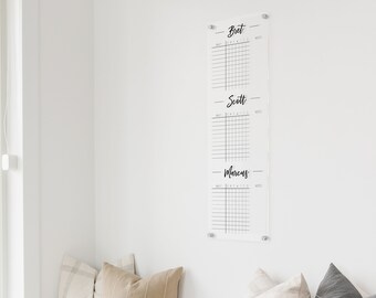 Personalized Slim Three Kid Vertical Chore Chart on Clear Acrylic | Acrylic Dry Erase Personalized Chore Chart with Notes Section for Family