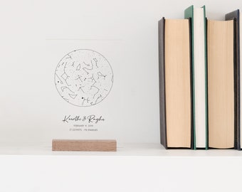 Mapa estelar de constelación personalizado con soporte de madera para madre, esposa, novia, esposo, novio - Coordenadas personalizadas, fecha, nombres y color